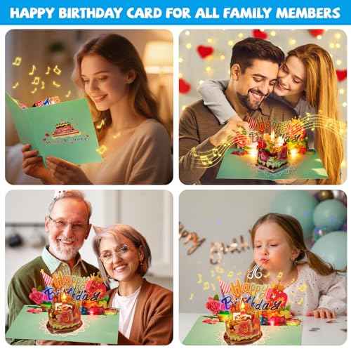 3D Pop Up Birthday Card with Blow-Out Candle, Music & LED Lights ? Interactive Birthday Greeting Card with Cake and Flowers ? Unique Gift for Women, Men, Kids, Mom, Dad, Friends