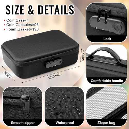 96 Pcs 46 mm Coin Holder for Collectors with 196 Pcs 10 Size Gaskets, Fireproof and Waterproof Coin Storage Box Capsule Case with Lock for Dime Cent Nickel Quarter Silver Dollar Half Dollar