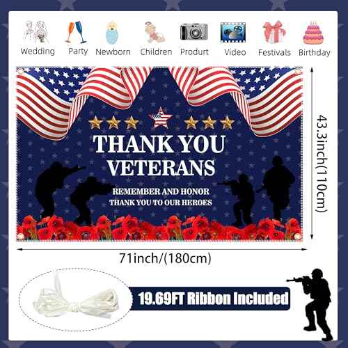 Veterans Day Decorations Backdrop 71x43 Inch ? Thank You Veterans Patriotic Banner for Memorial Day & Veterans Day, Large Indoor/Outdoor Photography Background with 19.69ft Ribbon & 4 Brass Grommets