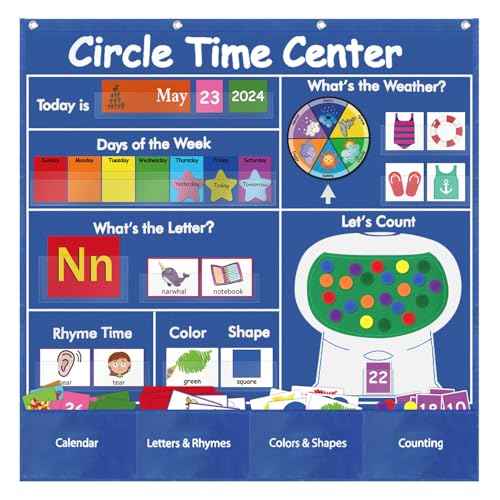 Circle Time Learning Center Classroom Pocket Chart Preschool, Educational Pocket Chart Teaching Materials, Learning Calendar Weather Counting Letter Color Shape (circle time learning center)