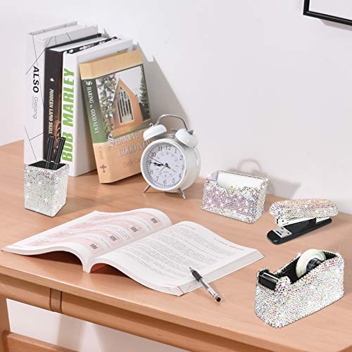 Bling Crystal Luxury Handmade Diamond Square Pencil Pen Pot Holder & Stapler & Card Holder & Desktop Tape Dispenser Office Stationery Kit for Fashion Girls Women(AB Color)