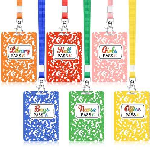 Sabary 6 Sets Composition Hall Passes Wooden Bathroom Pass Lanyards Notebook Style Unbreakable Classroom Passes Gift for Bathroom Office Library Nurse School Supplies(Colorful)