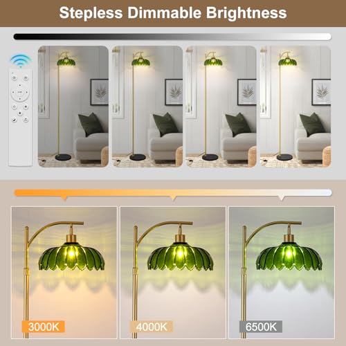 Arc Floor Lamp for Living Room, Modern Standing Lamp with Remote, Dimmable, 3CCT, Arc Tall Floor Lamp with Green Glass Lampshade for Bedroom Study Room Office (Bulb Included)