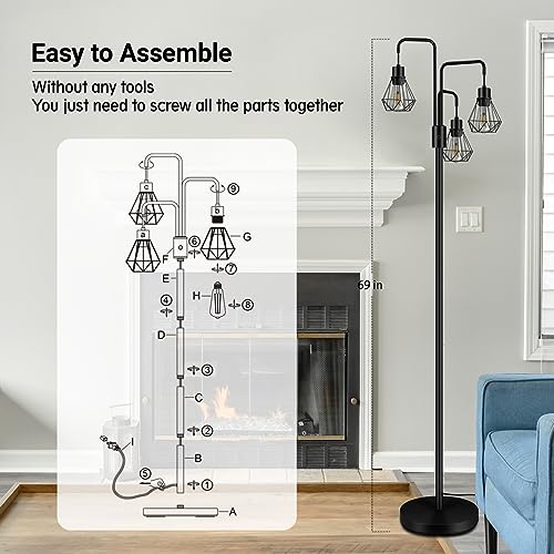 BoostArea Industrial Floor Lamp,Metal Diamond Lampshade,Modern Stand Up Lamp with 3 Light, Bulbs Not Included,Simple Design Floor Lamp for Bedroom, Living Room, Office, Kids Room, Reading