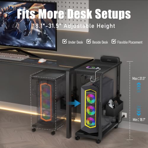 Adjustable Computer Tower Stand, 18.1–31.5 in, 120 lb Capacity with 5-in-1 Power Strip