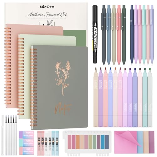 Nicpro 50PCS Cute Spiral Notebook Stationary Set For Women, Bible Journal Set, 3PCS A5 Spiral Notebook, Gel Pens, Sticky Notes & Tabs, Gift Box, Mechanical Pencils for Study Aesthetic School Supplies