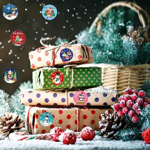1000 Pcs Christmas Stickers Roll - 1 Inch Self Adhesive Envelope & Round Stickers for Xmas Party Supplies, Holiday Greetings