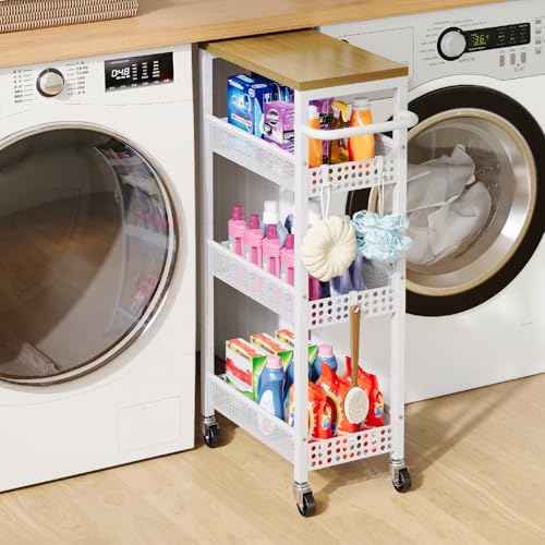 Slim Storage Cart 4 Tier Fruit and Vegetable Baskets for Kitchen Small Space, Narrow Rolling Cart on Wheels with Wooden Top and Metal Handle for Pantry, Bathroom, Laundry Room