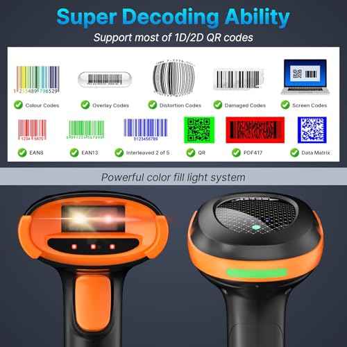 AGPTEK Bluetooth & 2.4GHz Wireless Barcode Scanner with Patented Color Light Technology for Color Barcodes, 2D/1D QR Code Reader, Customizable Settings & Wireless Charging Cradle
