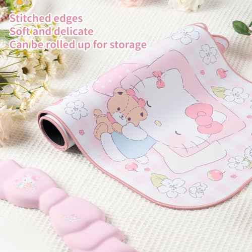 Kawaii Anime Mouse Pad Wrist Rest Support Set - Non-Slip Desk Mat and Memory Foam Bowknot Wrist Rest for Keyboard and Mouse,Perfect for Gaming or Home Office Work - FlowerCat
