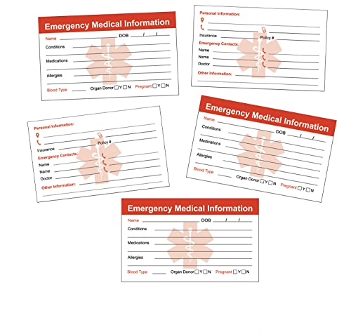 Emergency Medical Information Card Pack of 5 – Personal Health ID Wallet Cards