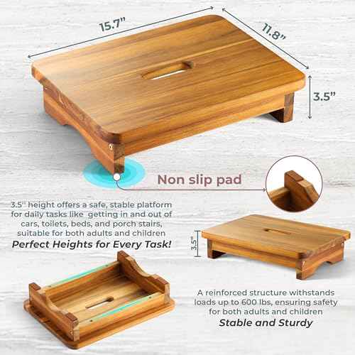 Wooden Step Stool, 3.5'' One Step Stool for Adults, Wooden Bedside Step with 550 Lbs Load Capacity, Heavy Duty/Portable/Nonslip/Durable Construction for Bedroom/Kitchen