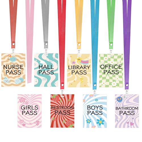 Chambom 8 Sets Classroom Hall Passes with Lanyards - Unbreakable Wooden Student Passes for Bathroom, Library, Nurse, Office, Classroom Supplies