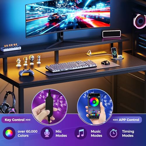 DUMOS 52-Inch Gaming Desk with RGB LED Lights, USB Charging & Storage