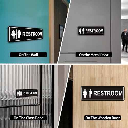 Restroom Sign - (2 Pack ) Metal Restroom Signs for Business with Strong Self-Adhesive, Bathroom Signs for Home Door or Wall, Ideal Unisex Restroom Signs for Women and Men, Easy to Install (Black Unise 9" x 3")