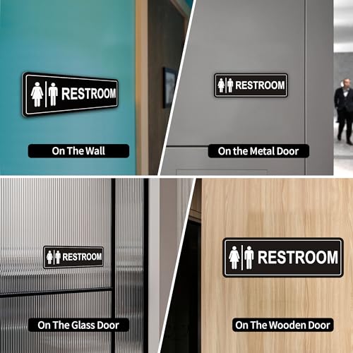Frohllia 9x3 Inch Black Metal Restroom Signs - 2 Pack Unisex Bathroom Door Wall Labels with Strong Self-Adhesive for Business & Home