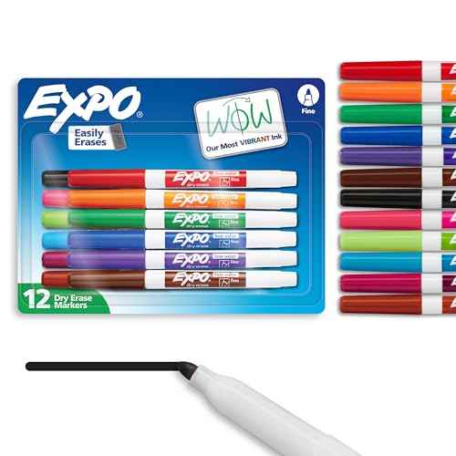 EXPO Dry Erase Markers, Low Odor Ink, Assorted Colors, Fine Tip, 12 Count - Whiteboard, Calendar, Organization, Essential Supplies for Office, School, Classroom, Teachers