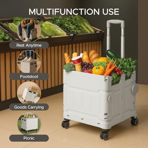 Elly Utility Cart Foldable with 4 Smooth-Rotate Wheels, Telescopic Handle & Snap-Closure Lid, Heavy-Duty Design for Daily Carrying Needs, Rolling Crate Perfect for Shopping, Office, Travel and Storage