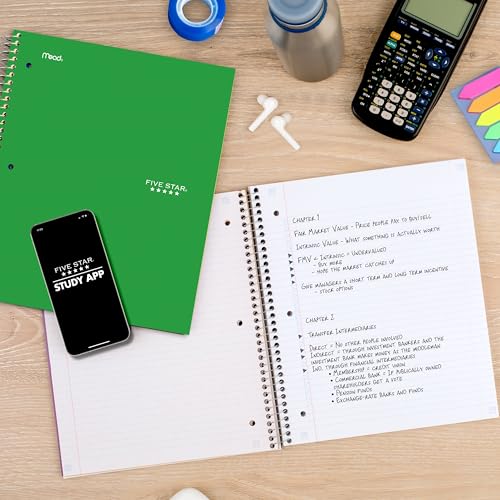 Five Star 1 Subject Spiral Notebook with Study App, 100 Sheets, College Ruled, 8.5x11, Assorted Colors, 6 Pack