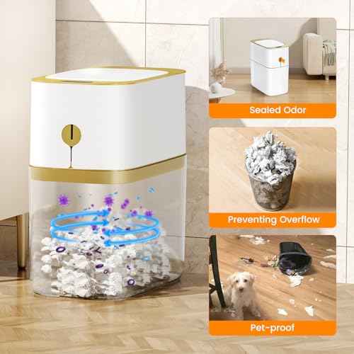MOPALL Automatic Bathroom Trash Can with Lid, 3.1 Gallon / 13L Smart Motion Sensor Touchless Small Waste Basket, Slim Plastic Garbage Can for Bedroom Kitchen Office Home Toilet, White & Gold