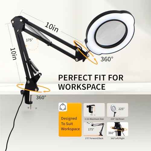 12X Magnifying Glass with Light and Clamp, 84 LEDs 5 Color Modes Stepless Dimmable LED Desk Lamp, Desk Magnifying Glass with Light for Crafts Reading Painting Sewing Repair Close Work