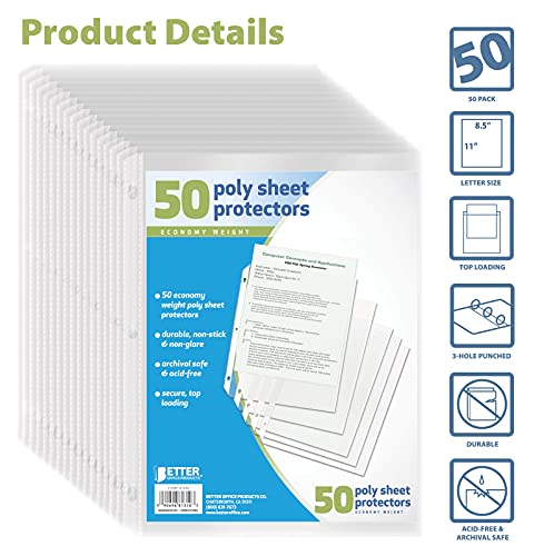Better Office Products 50 Pack Clear Sheet Protectors 8.5 x 11 Top Load Binder Sleeves