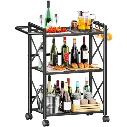 Simple Trending Rolling Cart, 3 Tier Bar Cart with Wheels, Heavy Duty Metal Storage Dining Cart for Kitchen, Black