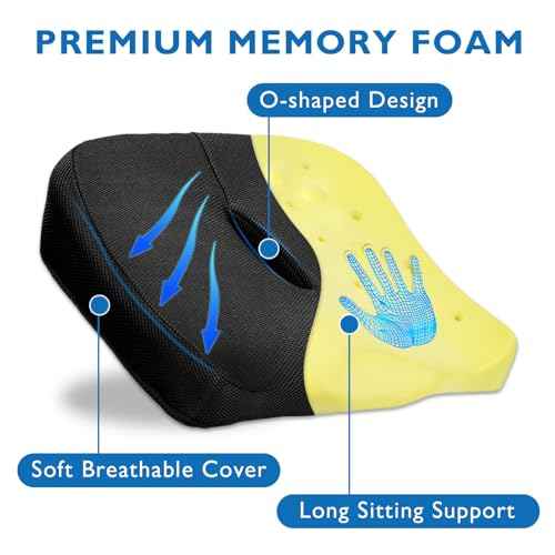 Seat Cushion - Memory Foam Cushion for Office Chairs, Car, Home & Wheelchair - Ergonomic Coccyx, Sciatica, Tailbone Pain Relief Pillow with Ventilated Design - Comfort Pad for Long Sitting