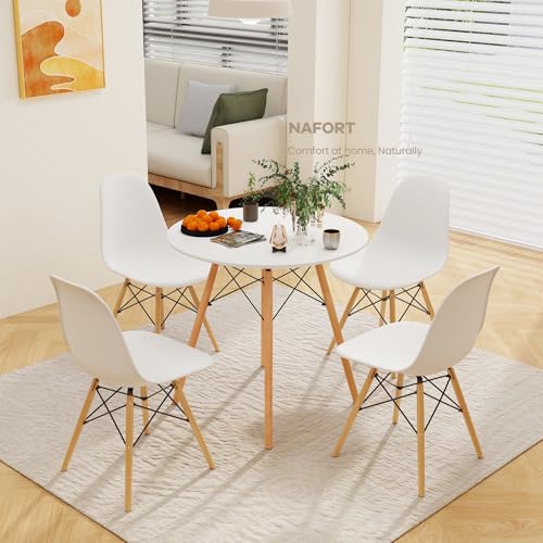 NAFORT 31.5'' Round Dining Table Set for 4 - 5-Piece Kitchen & Dining Room (White Table + 4 Beech Chairs)
