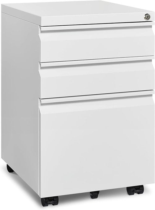 Approgreent Mobile File Cabinet - Lockable 3-Drawer Filing Cabinet with Wheels | A4/Letter/Legal Size, White
