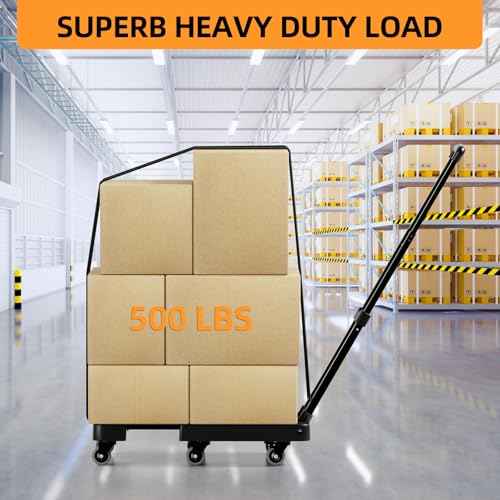 Folding Hand Trucks, Heavy Duty Dolly Cart with 6 Wheels & 2 Elastic Ropes, Foldable & Ideal for Luggage, Travel, Moving, Shopping, Office Use, Hold Up to 500 LB, Easy to Store, Black