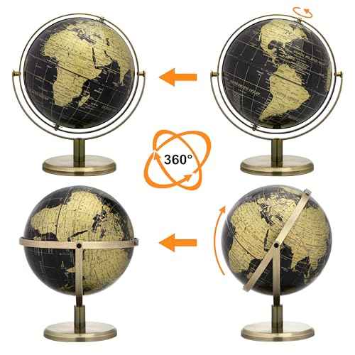 EXERZ 20cm Globe Black & Golden, All Direction 360 Rotating - World Globe Educational Geographic - Bronze Arc and Base. English Map.
