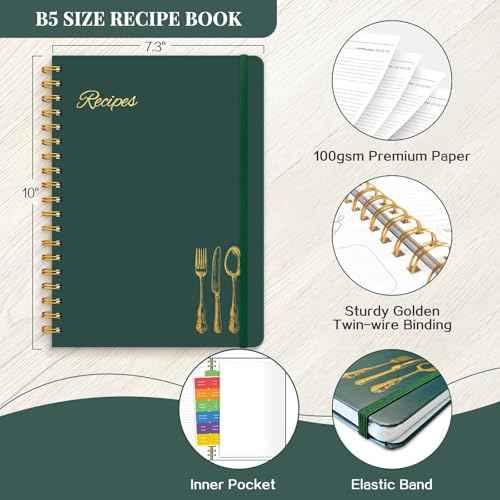 LuBudingJoy Blank Recipe Book to Write in Your Own Recipes. Sprial Hardcover Blank Cookbook, Recipe Journal Hold 150 Recipes(Black Green)