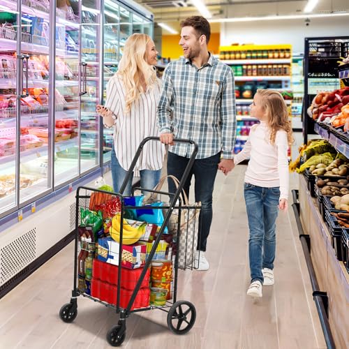 DWVO Jumbo Folding Shopping Cart with Wheels, Rolling Foldable Grocery Cart with Double Basket, Portable Collapsible Utility Cart for Shopping Groceries Laundry Storage Organizer
