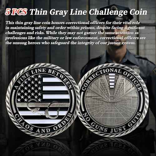 5pcs Thin Gray Line Challenge Coins - Correctional Officer Gray Prison Police Silver Coin - Law Enforcement Corrections Officer Gifts - Honor US Correctional Officers