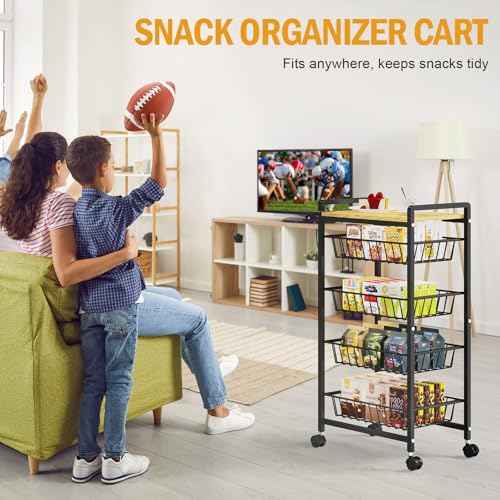 TOOLF 5-Tier Kitchen Cart with Tabletop, Rolling Snack Cart with Lockable Wheels, Fruit Vegetable Storage Basket with 4 Pack Mats, Metal Storage Rack with Pull-Out Pantry Cart for Organizer