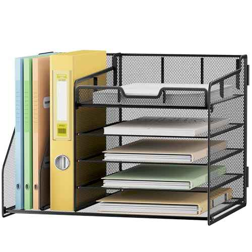 Lavatino Desk Organizer, 5-Tier Metal Mesh Paper Letter Tray with 2 File Holders & 7 Flexible Dividers for Office or Home Desk Organizers and Accessories, Keep Workspace Supplies Neat, Black