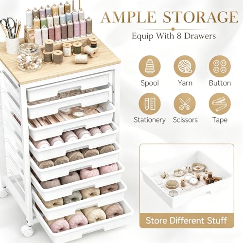 SYKIARIOL Rolling Cart with 8 Drawers - White, 31.18"H