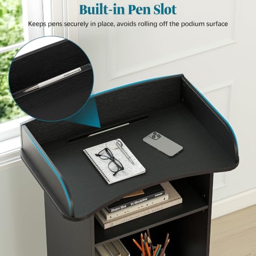 Mobile Wooden Podium Stand with Lockable Wheels and Storage Shelf