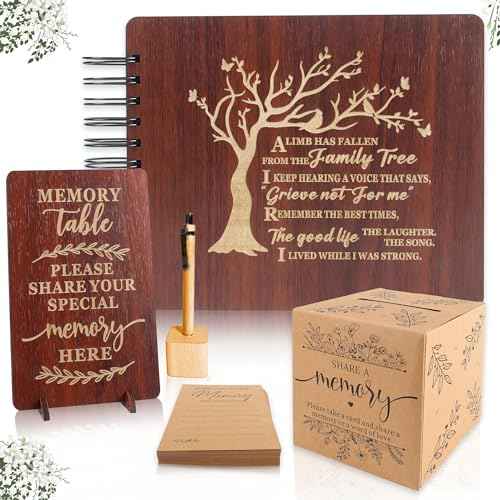 PREKIAR Funeral Guest Book Set Wooden Guest Books for Memorial Service Celebration of Life in Loving Memory with 50pcs Share a Memory Card Cards Box Table Sign and Pen (Brown- Guest Book Set #1)
