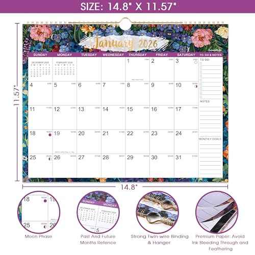 2026 Calendar - 2026 Wall Calendar, Jan 2026 - Dec 2026, 14.8" x 11.57", 12 Months Wall Calendar 2026 with Premium Paper, Strong Twin-Wire Binding, Perfect for Organizing & Planning, 6 Different Background Patterns