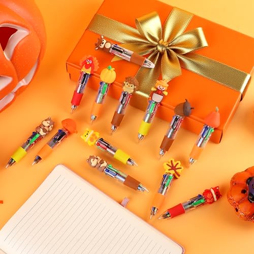 100 Pcs Thanksgiving Multicolor Pen in One Cartoon Cute Fun 4-in-1 Cute Pens Bulk Kawaii Maple Leaves Pumpkins Scarecrows and Turkeys Shape Cool Ballpoint Pens for Kids Fun Gifts