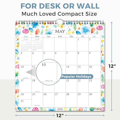 CRANBURY Large 12x12 Wall Calendar 2026 (Seasons), Square Hanging Calendar, 14 Months, Use Nov 2025 to Dec 2026, Big Grid, Colorful Seasonal Monthly Designs