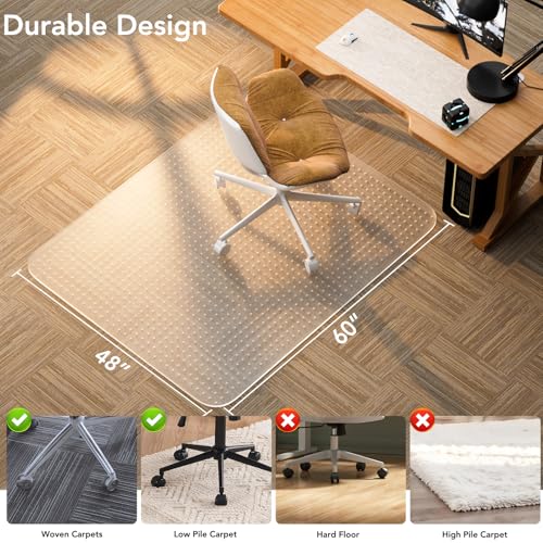 Office Chair Mat for Low Pile Carpet with Lip, 48" x 60" Clear Plastic Floor Protector, Heavy Duty Desk Chair Mat for Rolling Chairs, Smooth Glide Computer Mat for Home Office