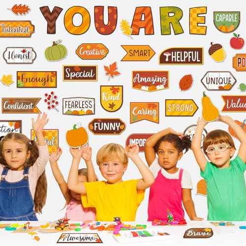 45 Pcs Fall Thanksgiving Affirmation Station Bulletin Board Set Autumn Motivational Posters Classroom Mirror Growth Mindset Decor Positive Accents Cutouts for School Office Home Teacher Wall