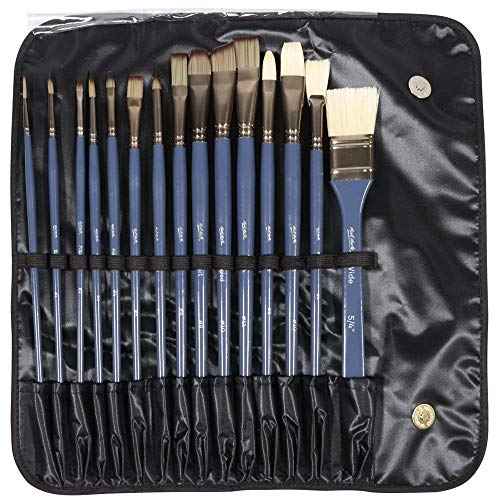 Mont Marte Premium Paint Brush Set 15 Piece, Includes 15 Different Brushes in a Roll Case with Magnetic Closure, Suitable for Watercolour, Acrylic and Oil Painting