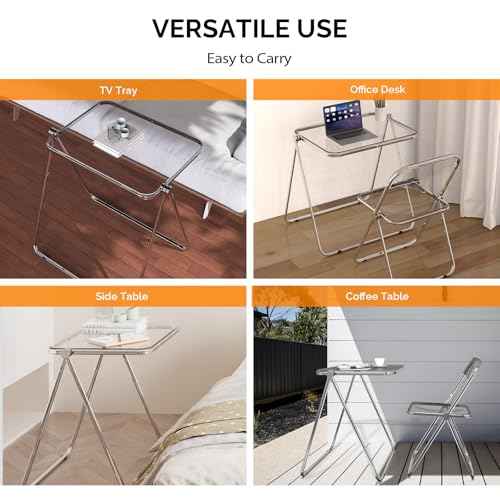 VINGLI Folding Acrylic Table and Chair Set Small TV Tray for Snack Dinner on Couch, Tiny Foldable Desk Writing Desk for Home Office for Small Spaces