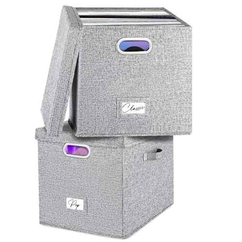 Vinyl Record Storage Box Set of 2 - for 100+ Single LPs (12-Inch), Stackable Albums Linen Crate with Lid, Play Music Collection Holder, Document File Folder Cabinet Organizer Case with Handle