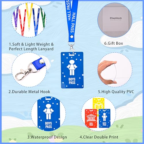 Classroom Hall Passes with Lanyards - Unbreakable PVC School Passes for Bathroom, Library, Nurse, Office, and Hall - 6 Sets
