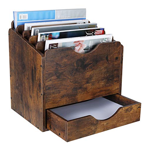 PAG Wood Desktop File Holder Organizer Mail Sorter with Drawer, for File Folders, Mails, Envelopes, Mailing Supplies or Magazines, 6 Compartments, Antique Brown